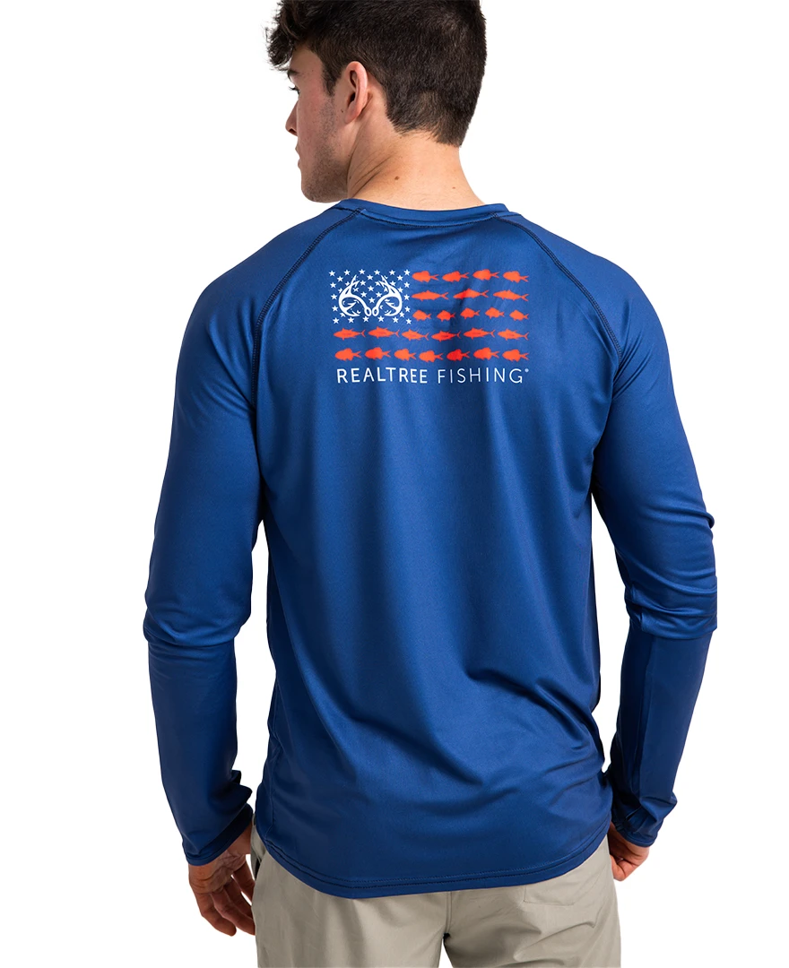 Realtree Fishing Flag Long Sleeve Performance Men's Raglan Blue Shirt Realtree Fishing Flag Long Sleeve Performance Men's Raglan Blue Shirt -Realtree